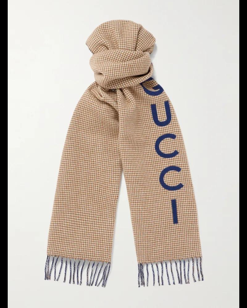 Gucci Wendbarer Schal aus Wolle mit Hahnentrittmuster, Logoprint und Fransen Neutral